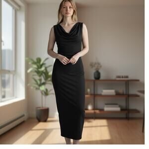 HALSTON NWT Black Cowl Neck Sleeveless Dress Sz LG Bodycon Wedding Formal Prom